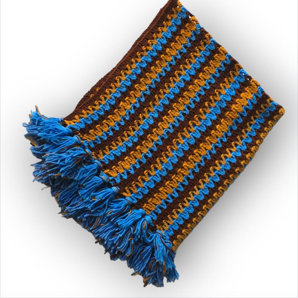 Vintage retro crocheted afghan, blanket - brown blue granny-core appr. 45"x45"